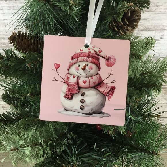 Snowman with Pink Hat & Heart Scarf 3.5" Square Wooden Ornament - Picture 1 of 5